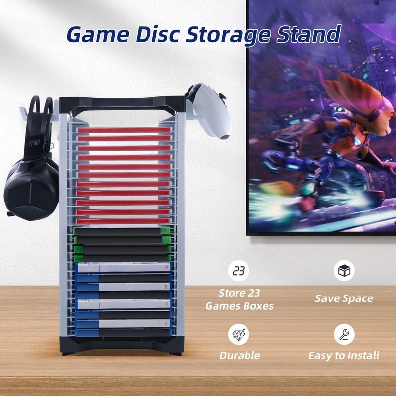 Mcbazel Video Game Storage Stand Tower for PS5/PS4/NS Switch/Switch2/Xbox, Video Game Disk Storage & Controller Headset Holder Kit, Game Disc Holder Vertical Stand Organizer Tower - Image 2
